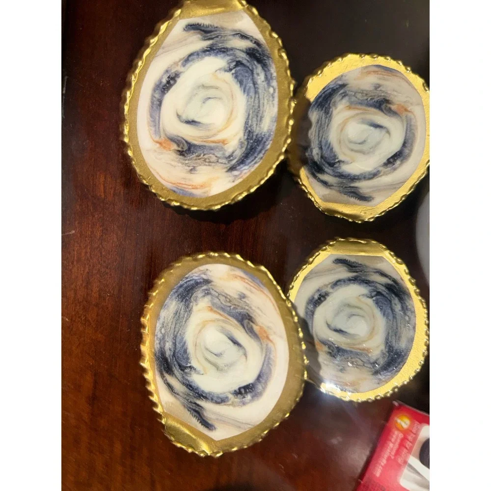 Set of 4 Coastal Oyster Shell Napkin Rings Marbled Blue Gold Nautical Decor